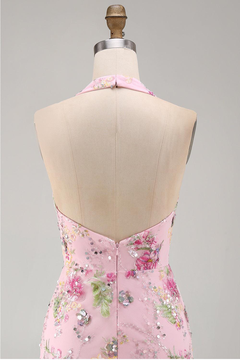 Short Sparkly Pink Halter Beaded Floral Tight Backless Homecoming Dress