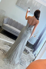 Silver Beaded Mermaid Prom Dress With Deep V-Neck And Front Slit Formal Evening Gown