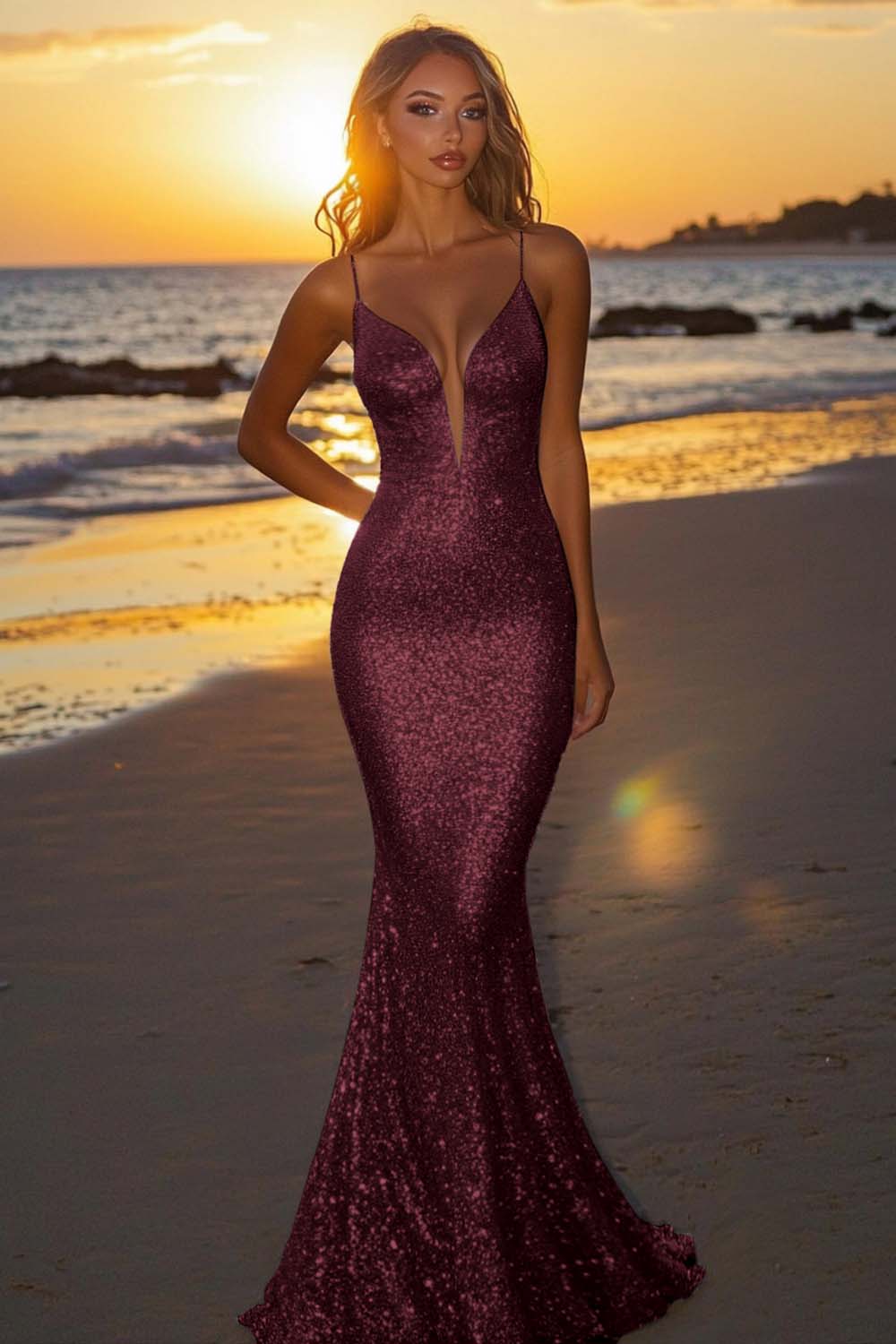 Silver Glitter Mermaid Backless Long Prom Dress With Deep V Neck Formal Evening Gown