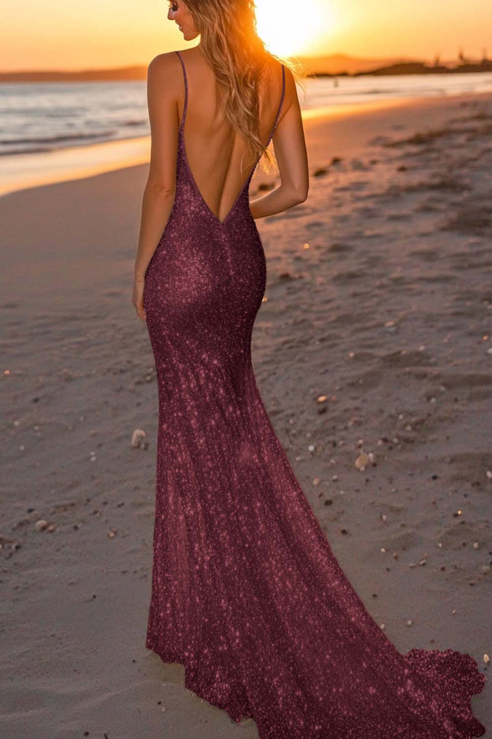 Silver Glitter Mermaid Backless Long Prom Dress With Deep V Neck Formal Evening Gown