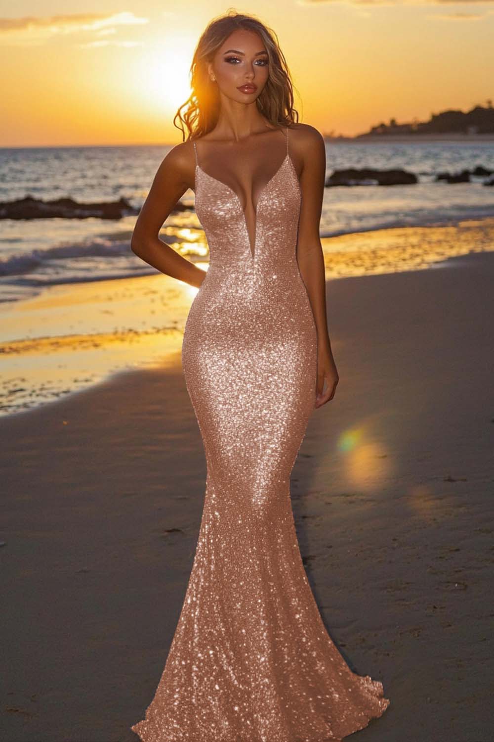 Silver Glitter Mermaid Backless Long Prom Dress With Deep V Neck Formal Evening Gown