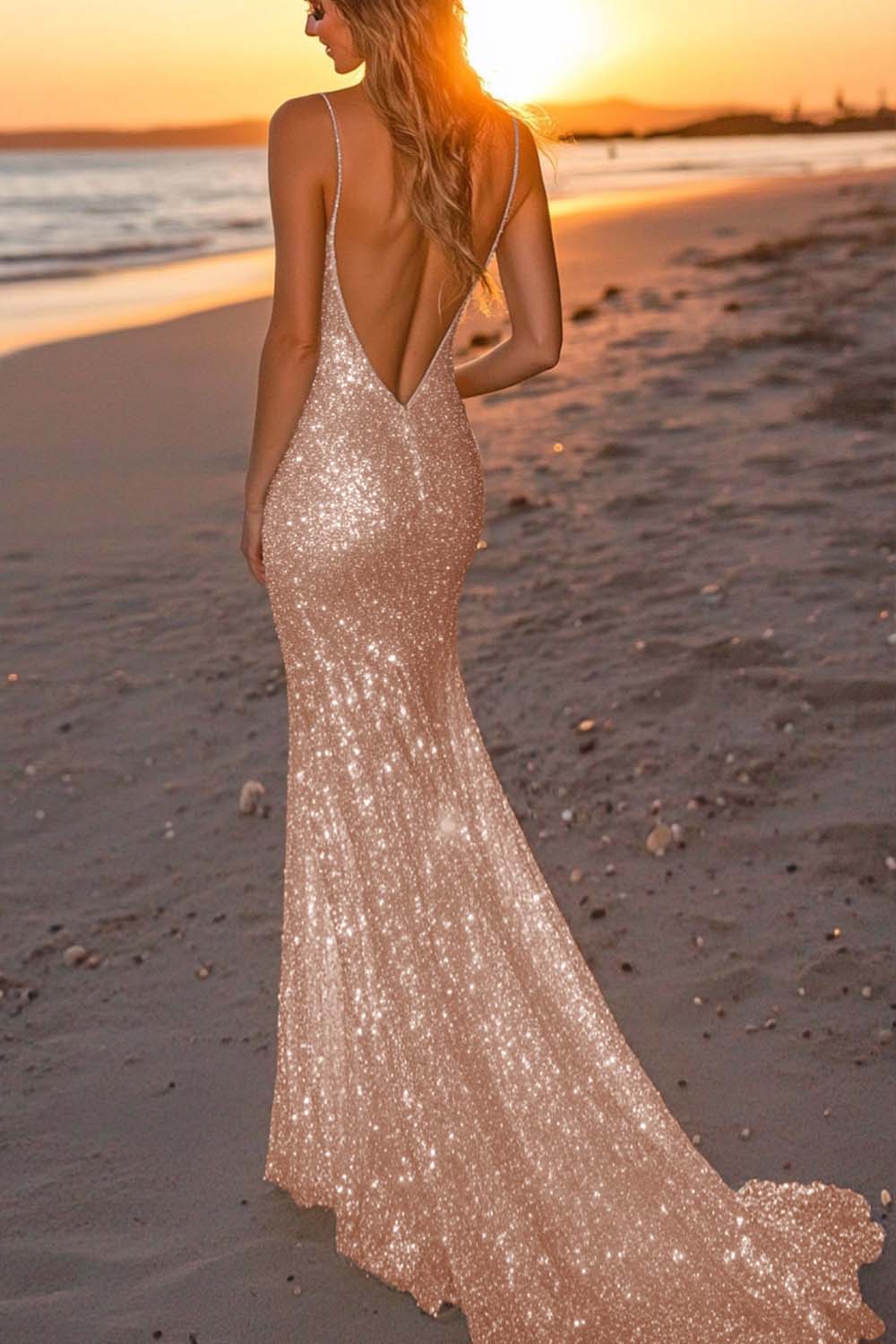 Silver Glitter Mermaid Backless Long Prom Dress With Deep V Neck Formal Evening Gown