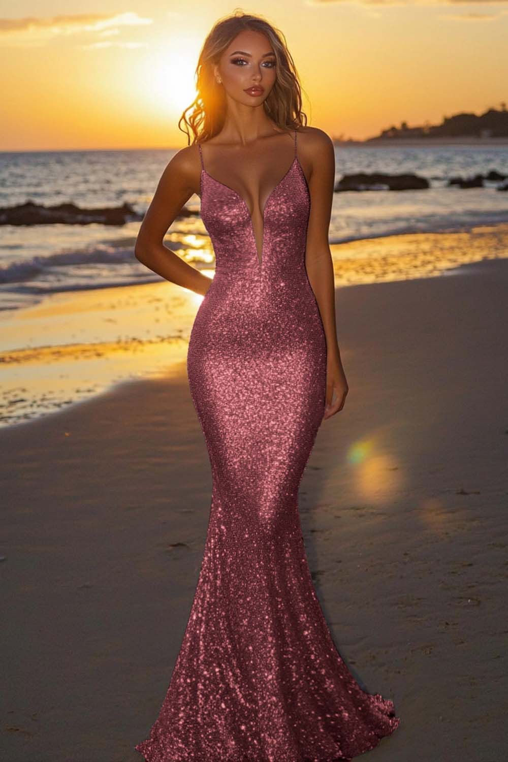 Silver Glitter Mermaid Backless Long Prom Dress With Deep V Neck Formal Evening Gown
