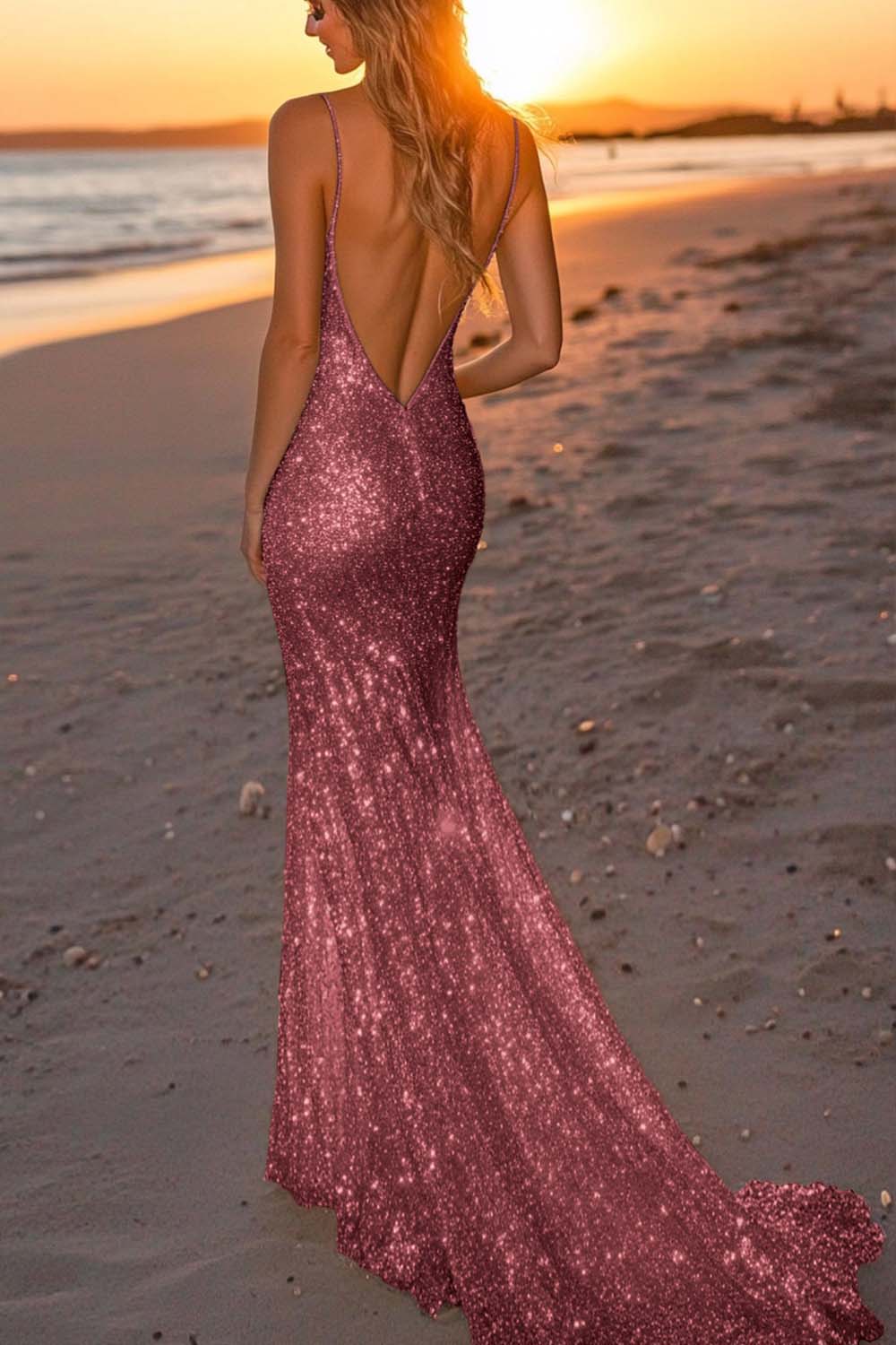 Silver Glitter Mermaid Backless Long Prom Dress With Deep V Neck Formal Evening Gown