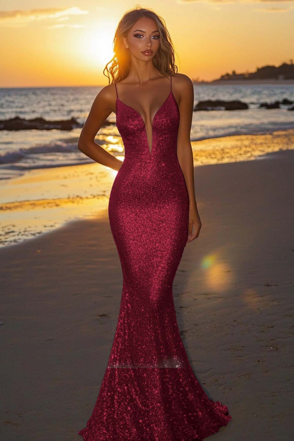Silver Glitter Mermaid Backless Long Prom Dress With Deep V Neck Formal Evening Gown