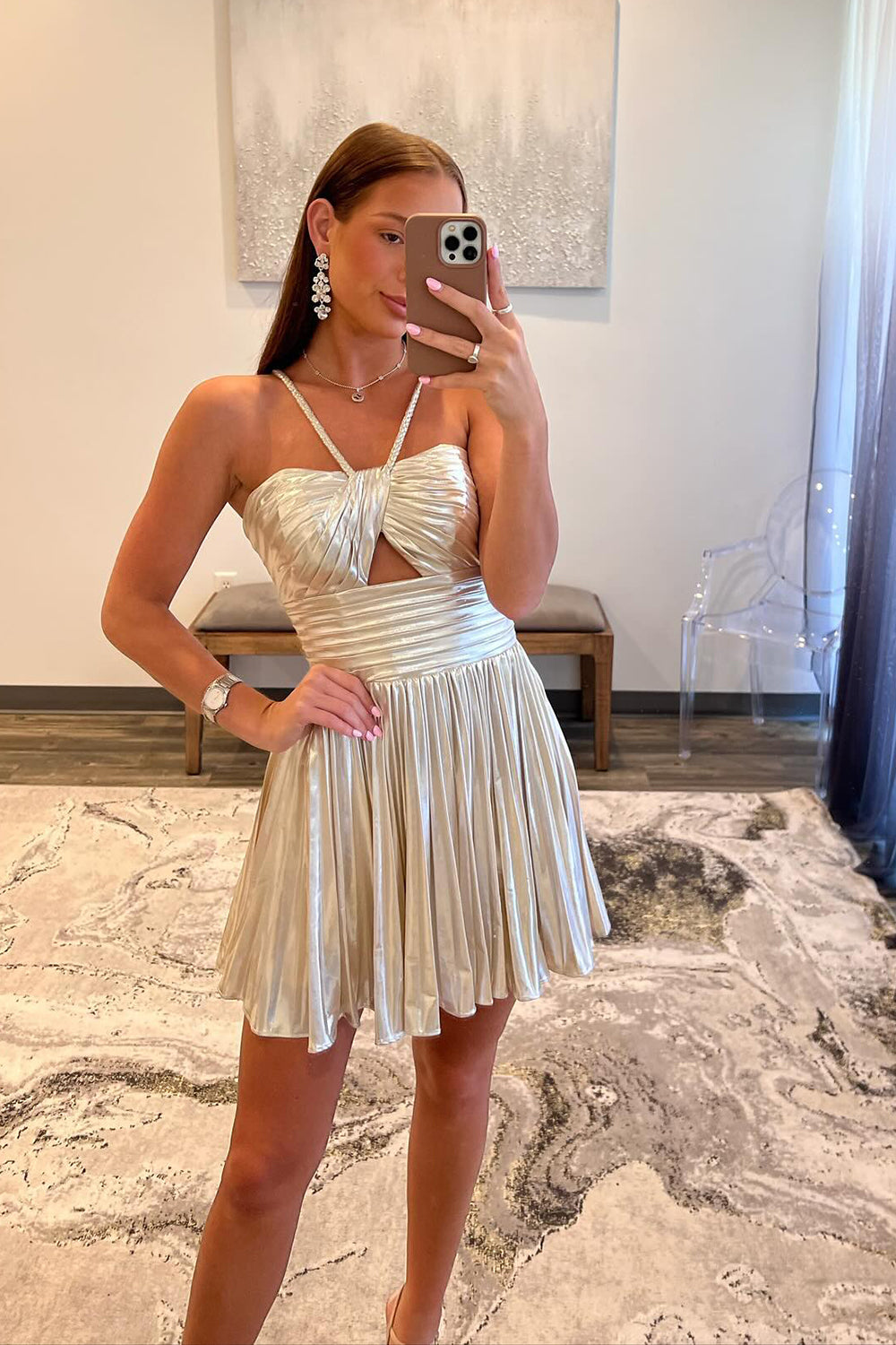 Silver Homecoming Dress A Line Halter Short Cocktail Dresses