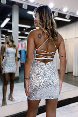 Silver Homecoming Dress Lace-Up Sequin Tight Short Cocktail Dresses