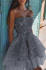 Silver Homecoming Dress Sequined Strapless Sleeveless A-Line Short Cocktail Dress
