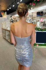 Silver Homecoming Dress Strapless Tight Short Prom Dress with Beadings