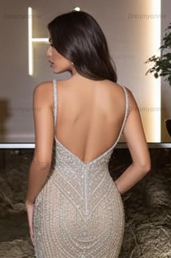 Silver Mermaid Prom Dress Sleeveless Spaghetti Straps Beaded Formal Dress