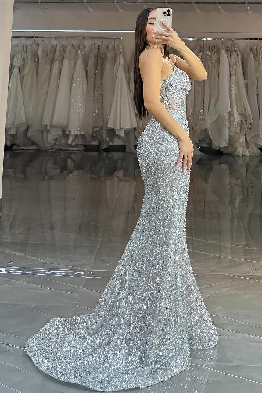 Silver Mermaid Prom Dress Sleeveless Spaghetti Straps Sequined Formal Dress