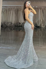 Silver Mermaid Prom Dress Sleeveless Spaghetti Straps Sequined Formal Dress