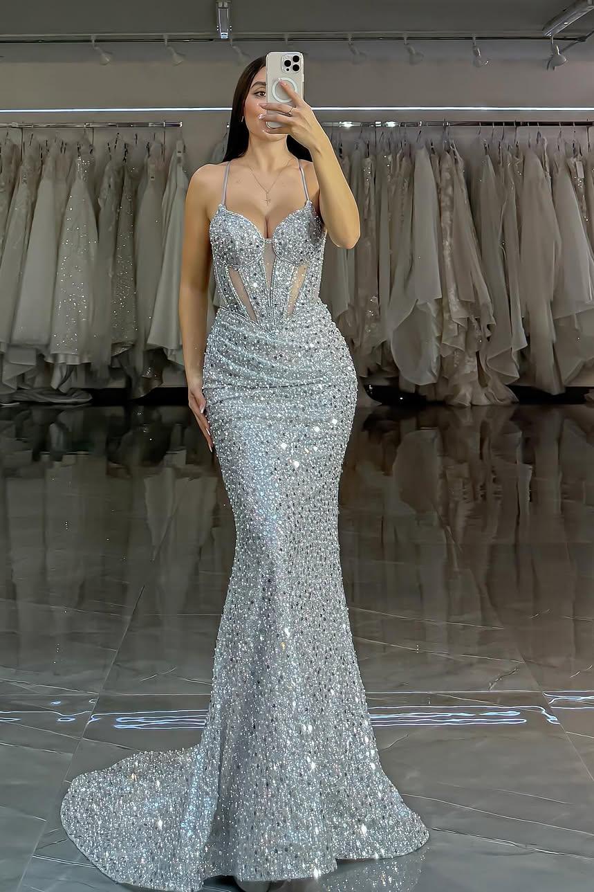 Silver Mermaid Prom Dress Sleeveless Spaghetti Straps Sequined Formal Dress