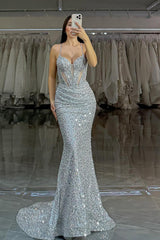 Silver Mermaid Prom Dress Sleeveless Spaghetti Straps Sequined Formal Dress
