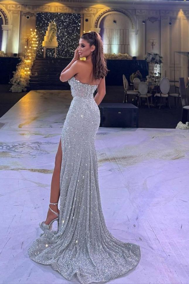 Silver Mermaid Prom Dress Sleeveless Sweetheart Sequined Formal Dress