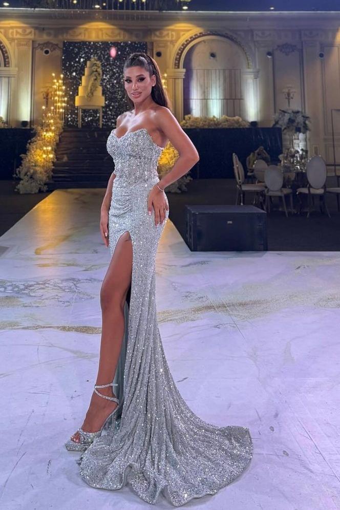 Silver Mermaid Prom Dress Sleeveless Sweetheart Sequined Formal Dress