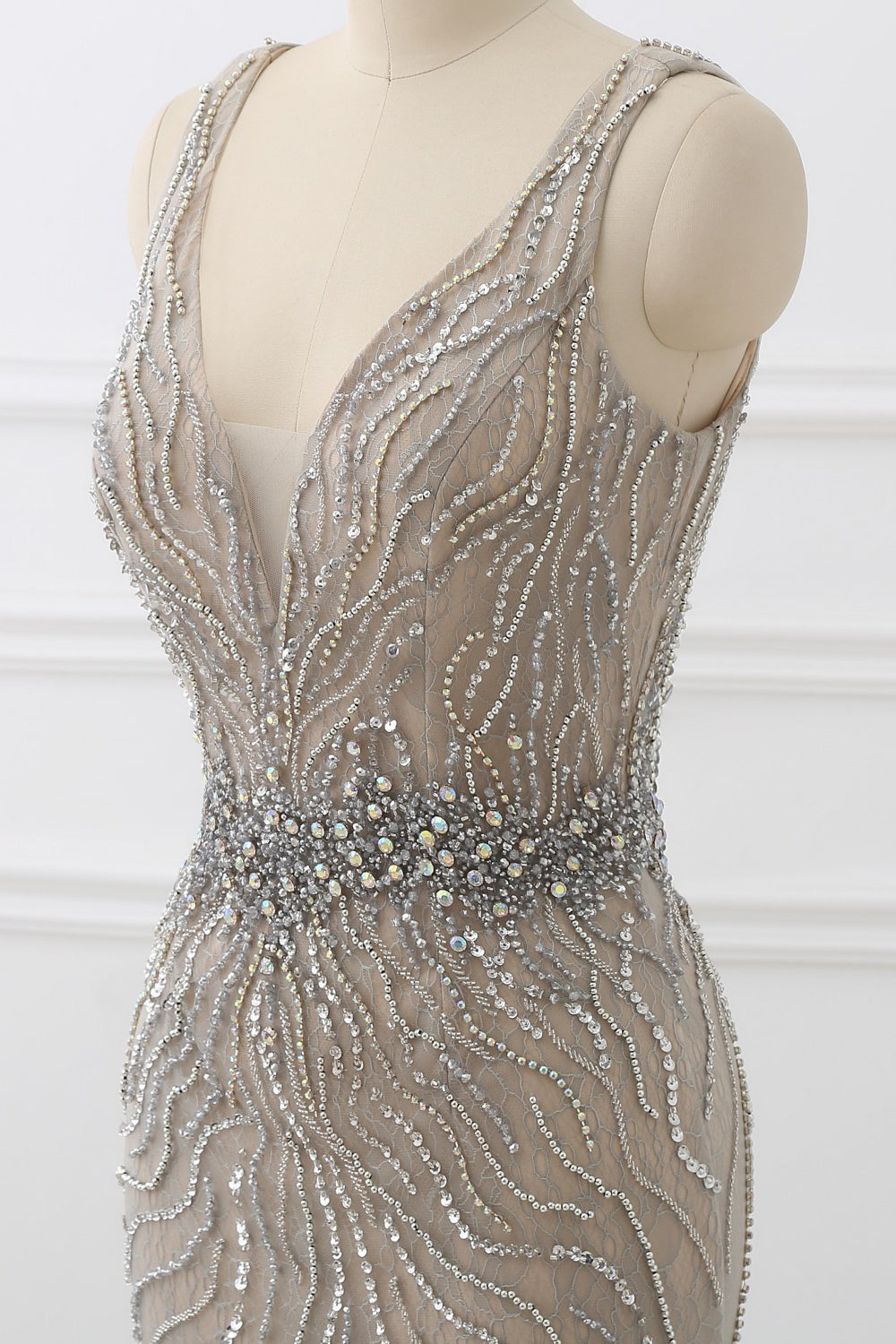 Silver Mermaid Prom Dress Sleeveless V Neck Beaded Formal Dress