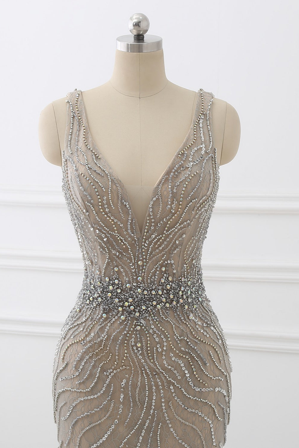 Silver Mermaid Prom Dress Sleeveless V Neck Beaded Formal Dress