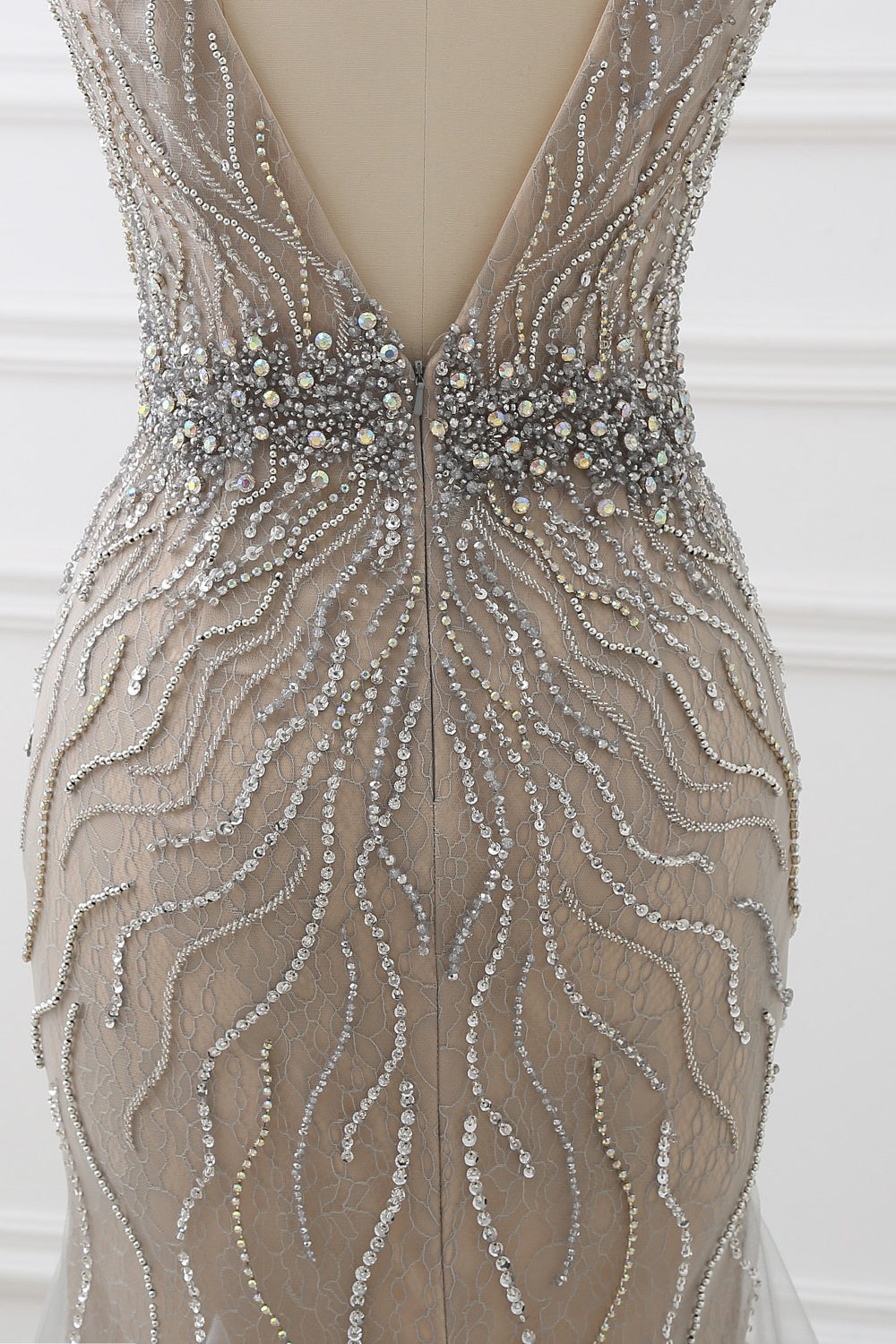 Silver Mermaid Prom Dress Sleeveless V Neck Beaded Formal Dress