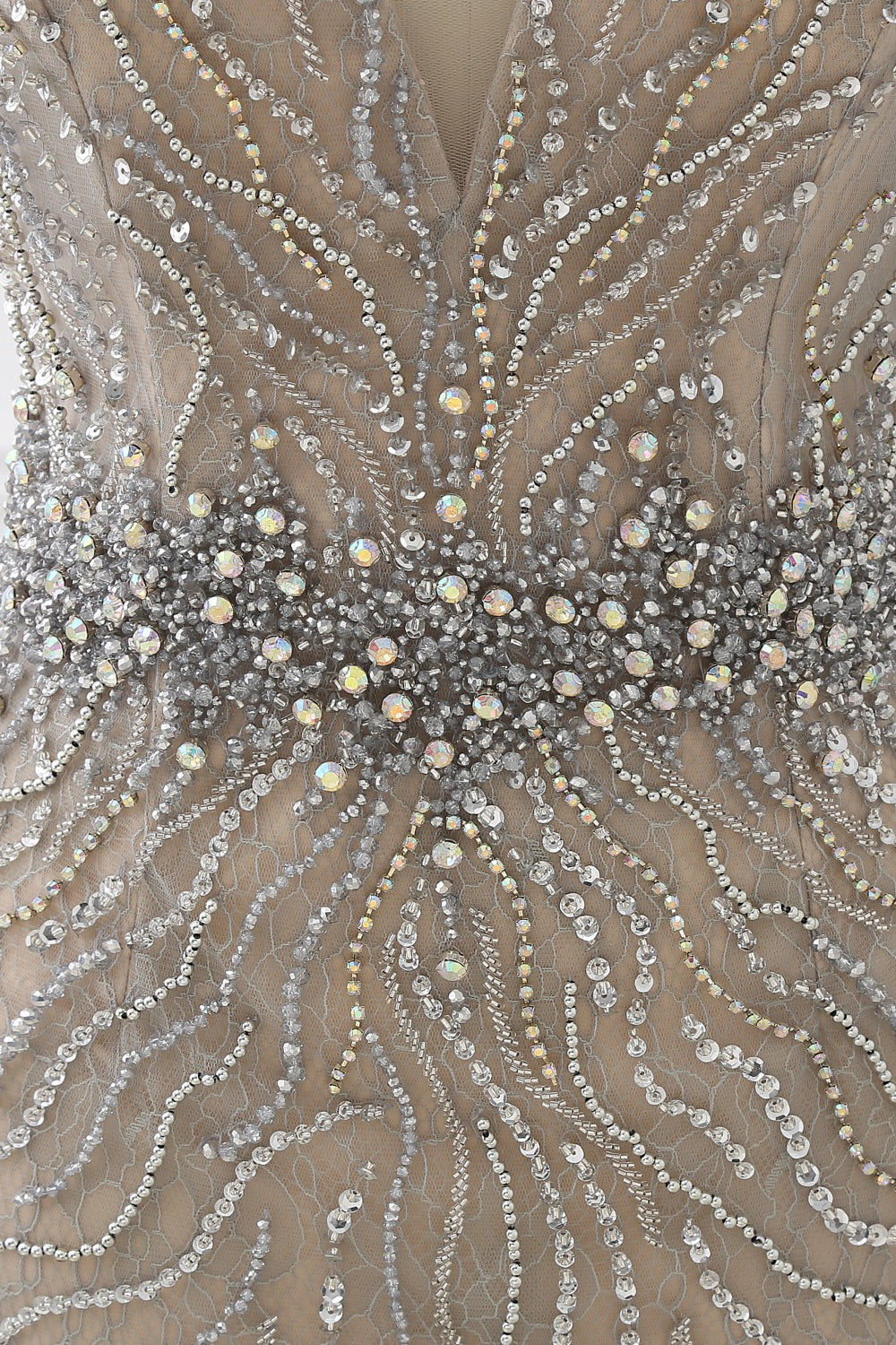 Silver Mermaid Prom Dress Sleeveless V Neck Beaded Formal Dress