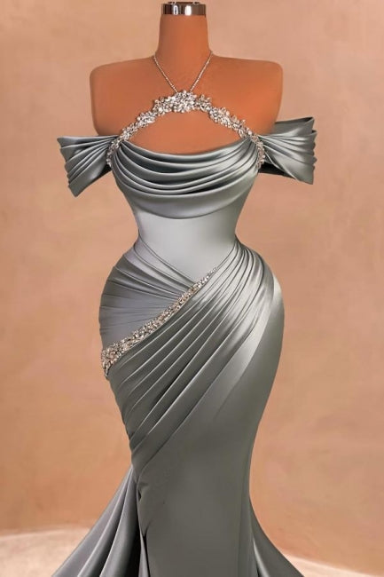 Silver Prom Dress Mermaid Strapless Halter Off The Shoulder Beaded Satin Formal Dress