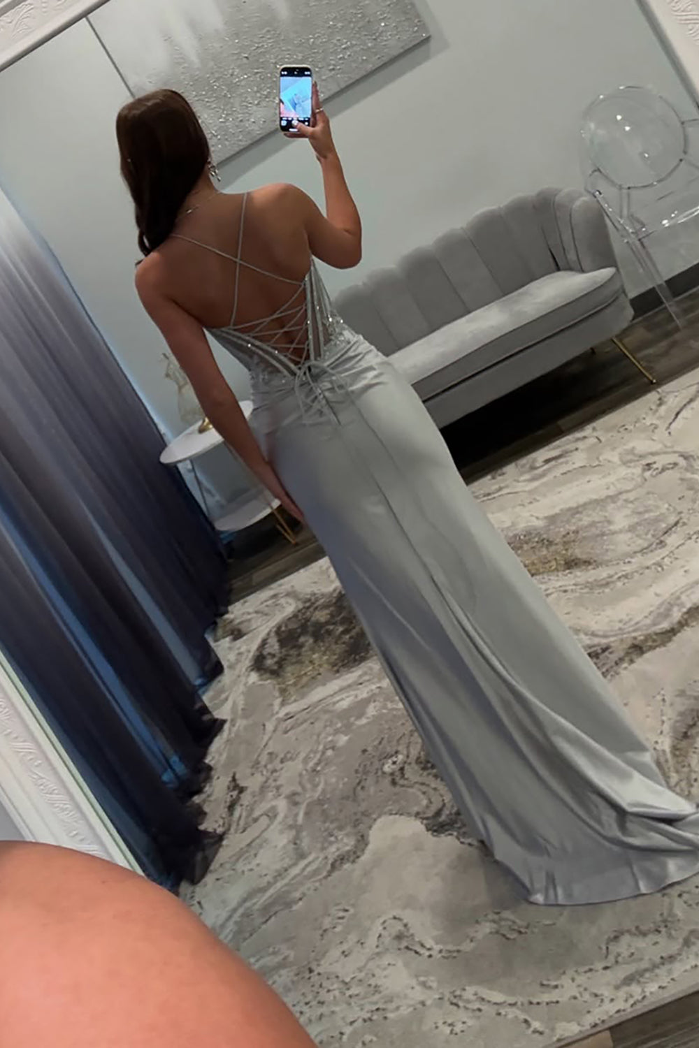 Silver Prom Dress Satin Corset Long Formal Dress With Slit