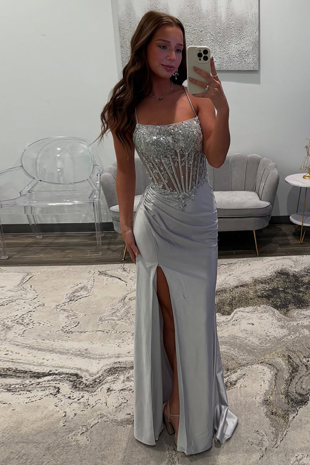 Silver Prom Dress Satin Corset Long Formal Dress With Slit