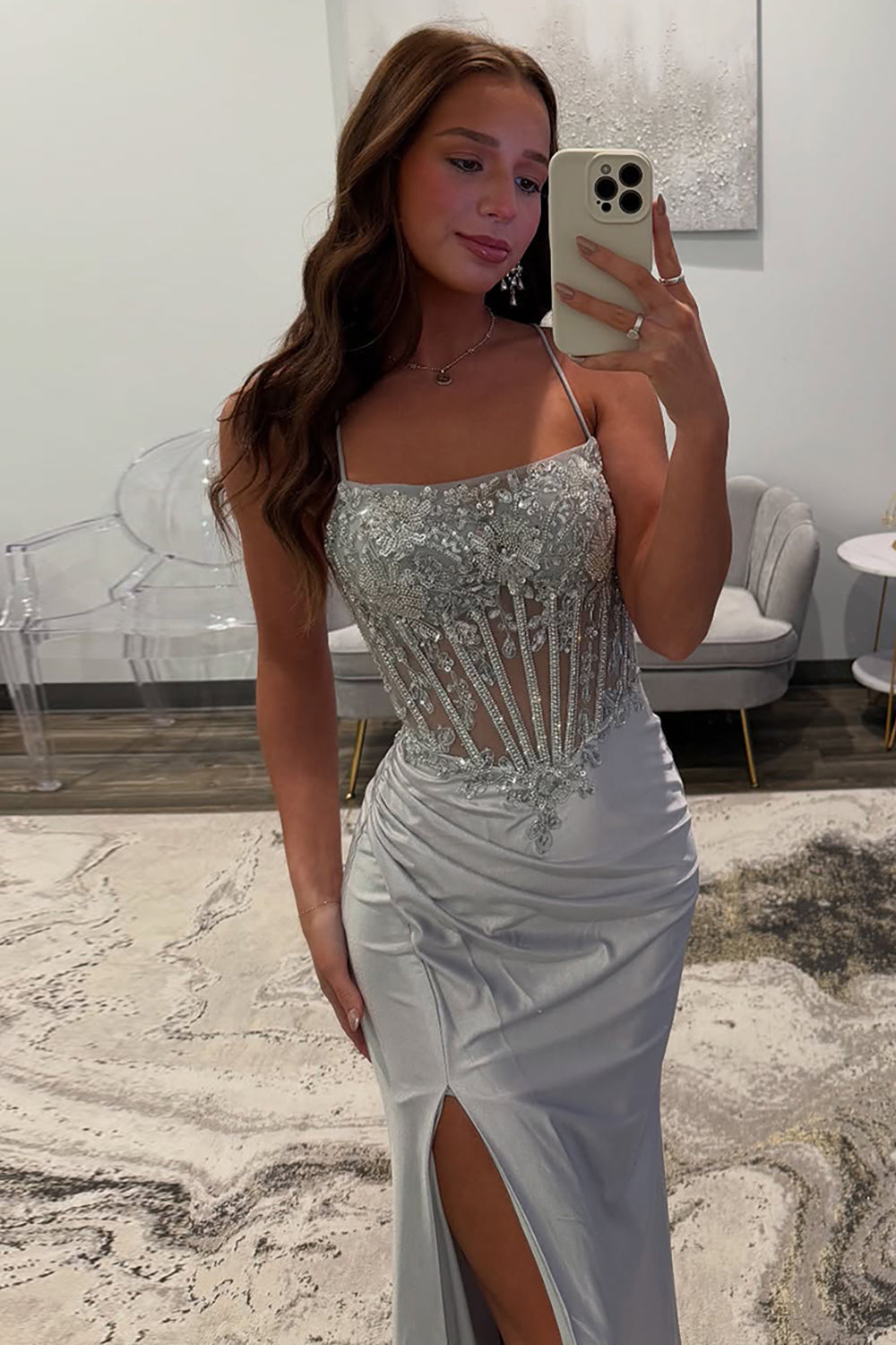 Silver Prom Dress Satin Corset Long Formal Dress With Slit