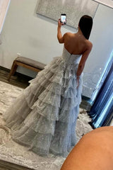 Silver Sparkling A-Line Sweetheart Ruffle Layer Prom Ball Gown Formal Evening Gown