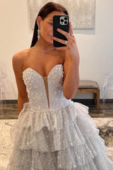 Silver Sparkling A-Line Sweetheart Ruffle Layer Prom Ball Gown Formal Evening Gown