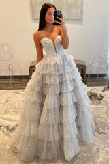 Silver Sparkling A-Line Sweetheart Ruffle Layer Prom Ball Gown Formal Evening Gown
