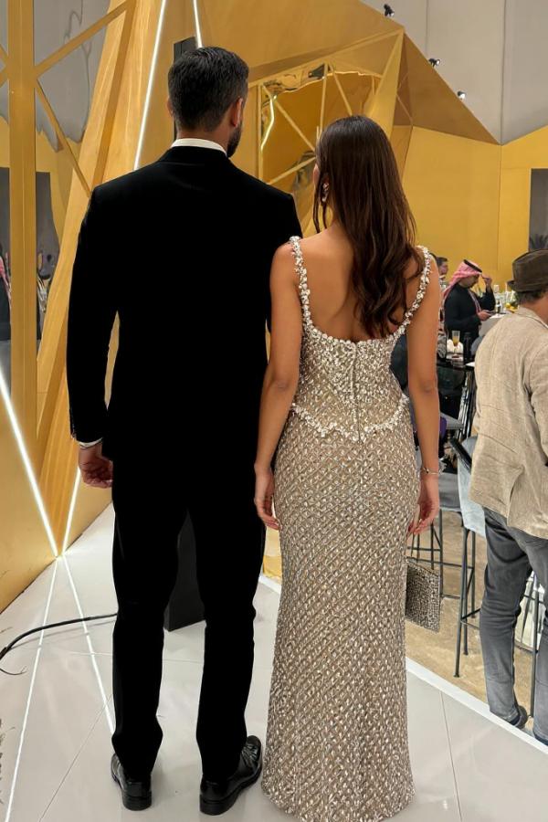 Silver Square Neck Formal Dress Beaded Rhinestones Prom Evening Gown
