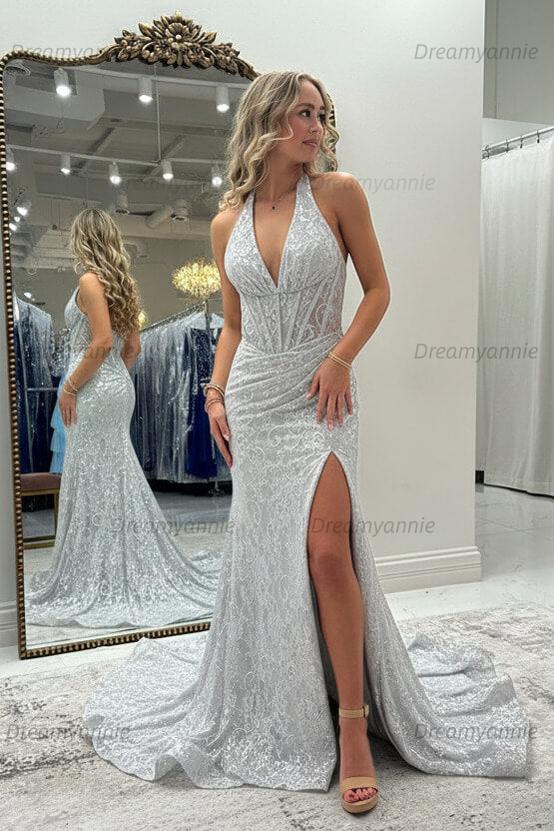 Dreamyannie Halter Pink Prom Dress Long Lace Formal Dress With Slit