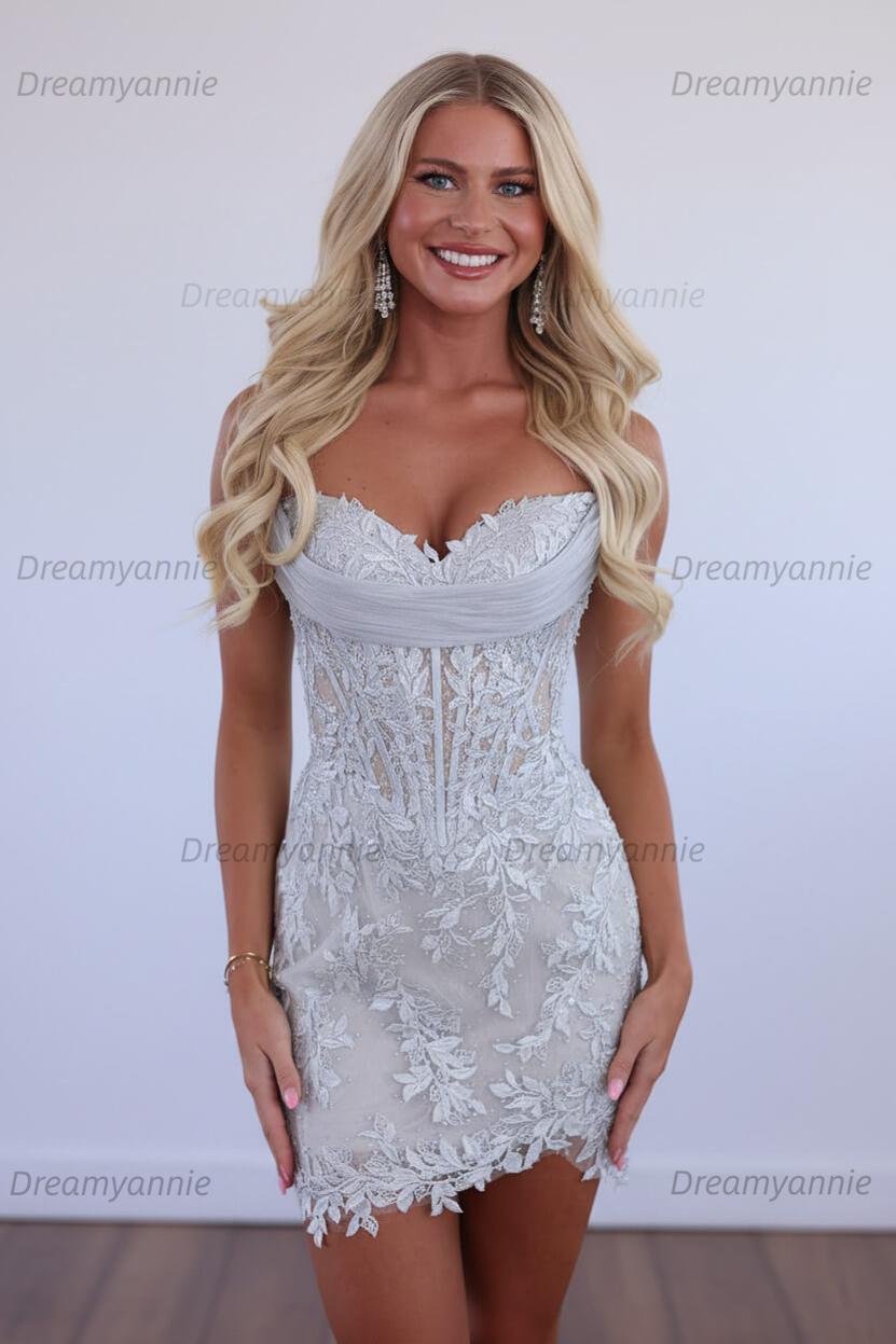 Red Lace Applique Strapless Corset Bodycon Homecoming Dress