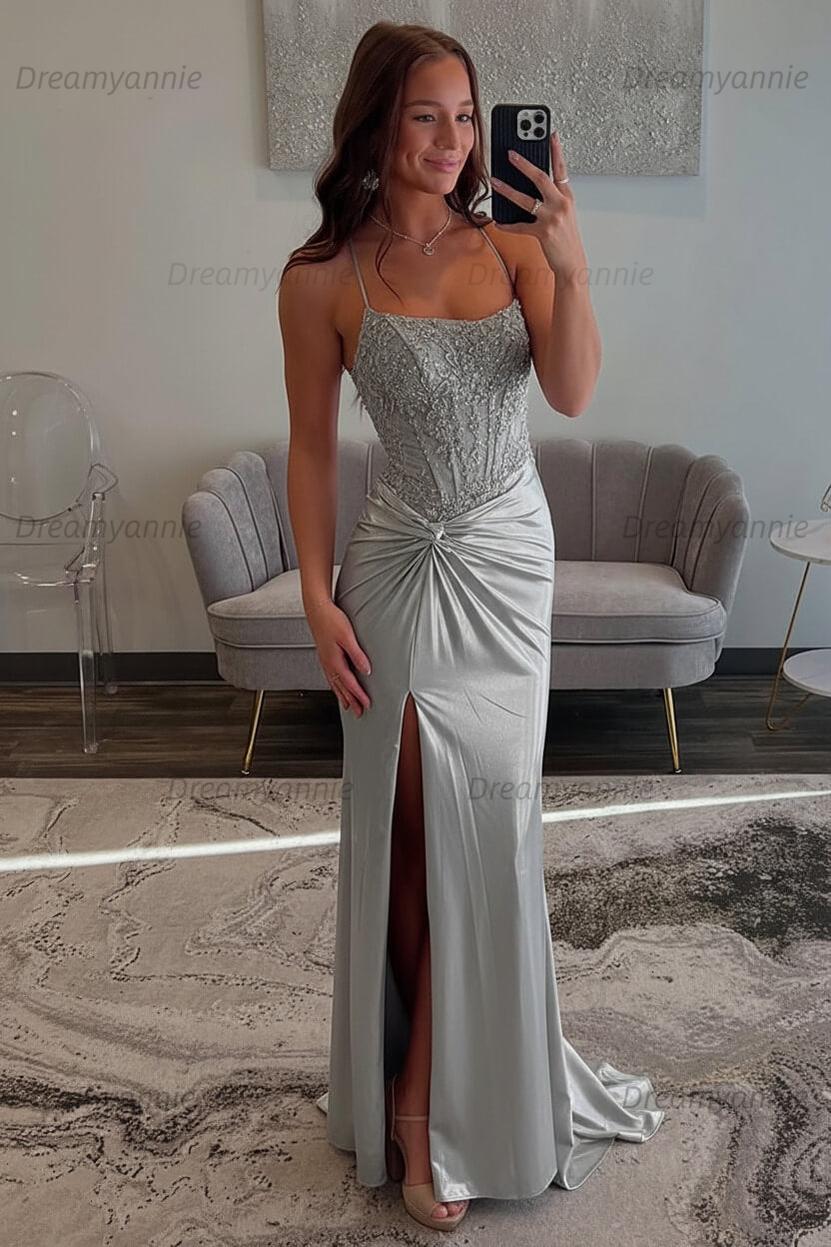 Dreamyannie Red Prom Dress Spaghetti Straps Ruhed Long Lace Formal Dress With Appliques