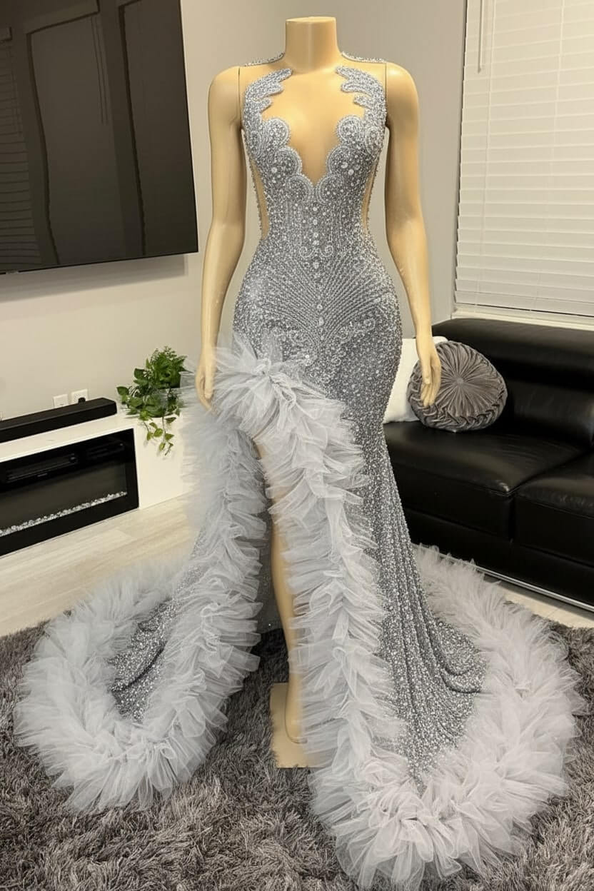 Mermaid Beaded Prom Dress Tulle Ruffles Sequined Formal Dress