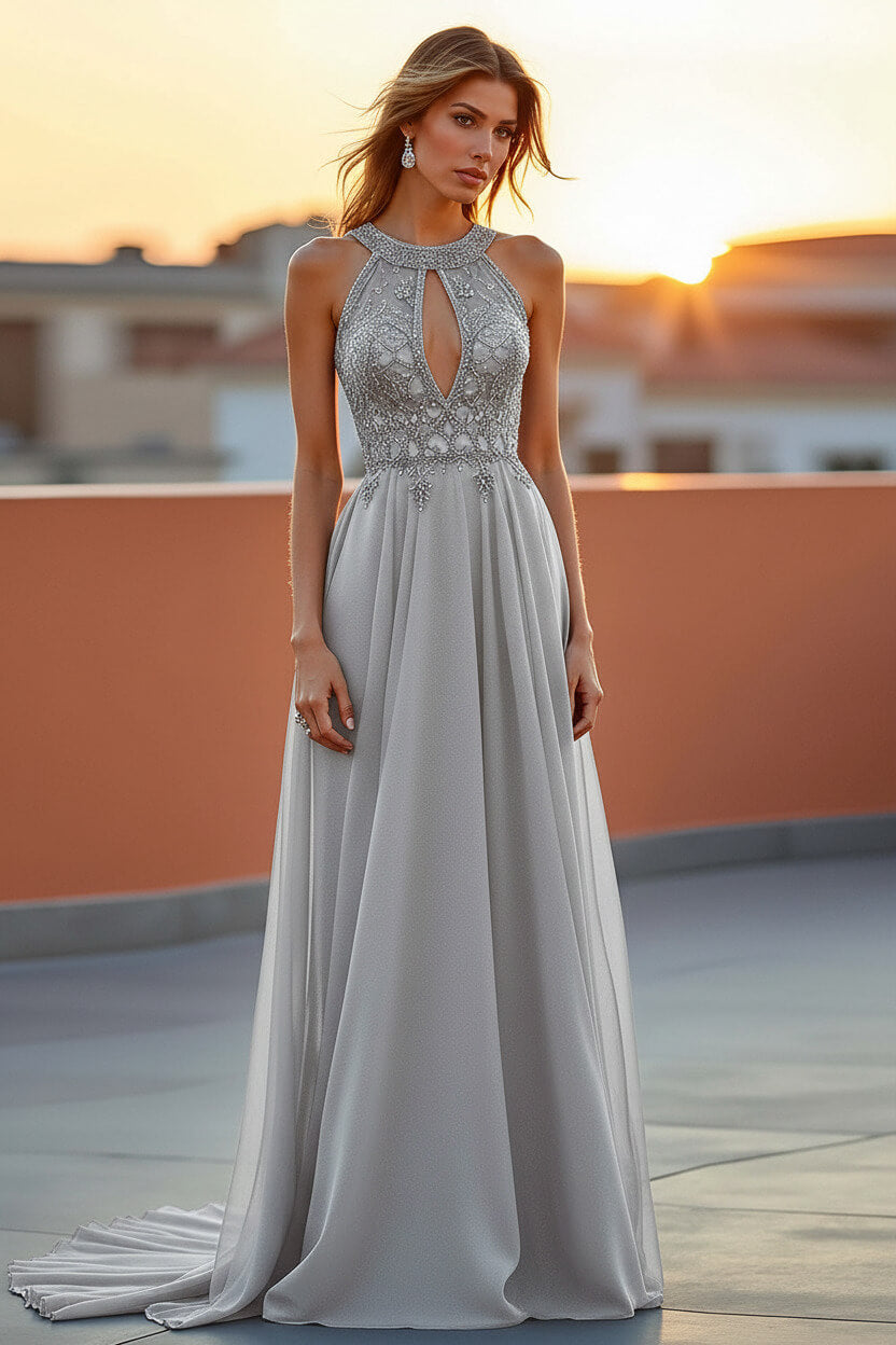 Dreamyannie Beaded Navy Wedding Guest Dress Halter Long Formal Dress With Embroideries