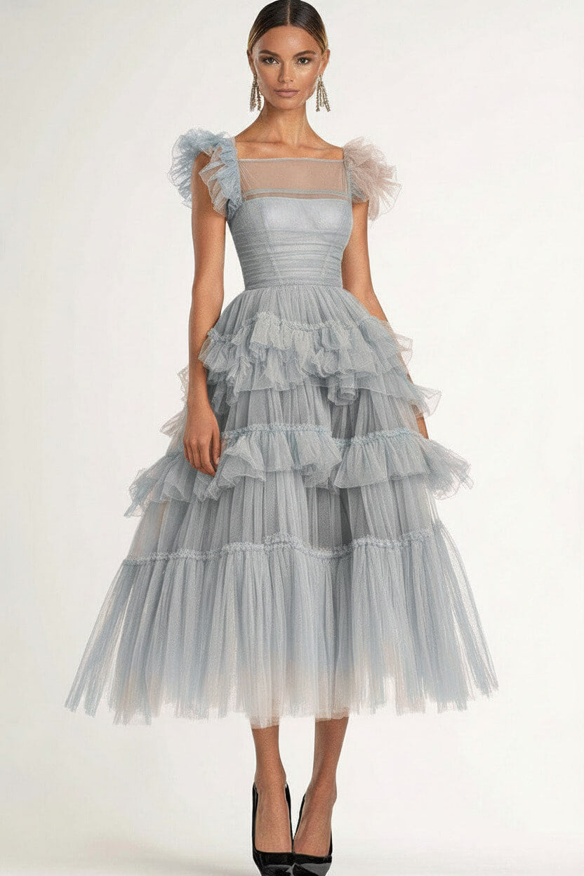 Dreamyannie Tea Length Black Wedding Guest Dress A-Line Flatter Sleeves Tulle Formal Dress With Ruffles
