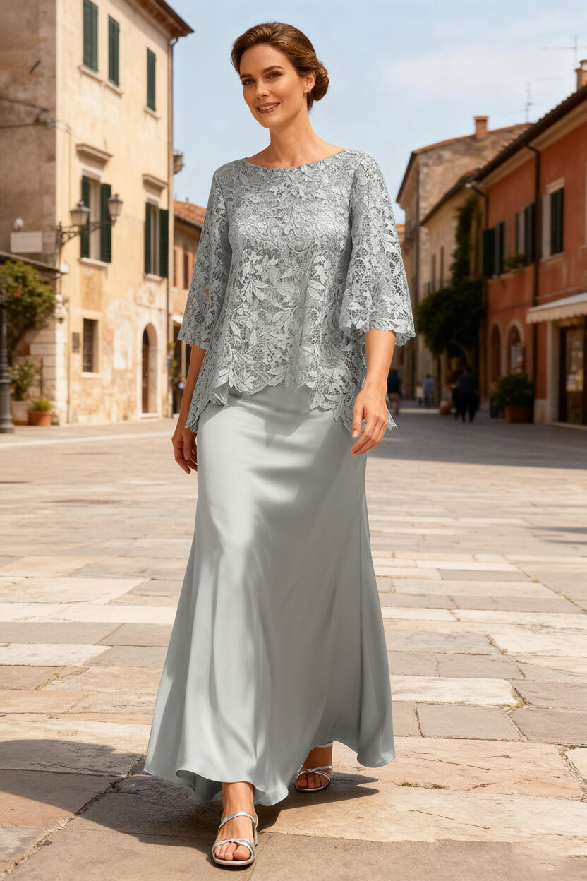 Dreamyannie Dusty Sage Satin Bateau Neck Ankle Length Mother Of The Bride Dress With Sleeves