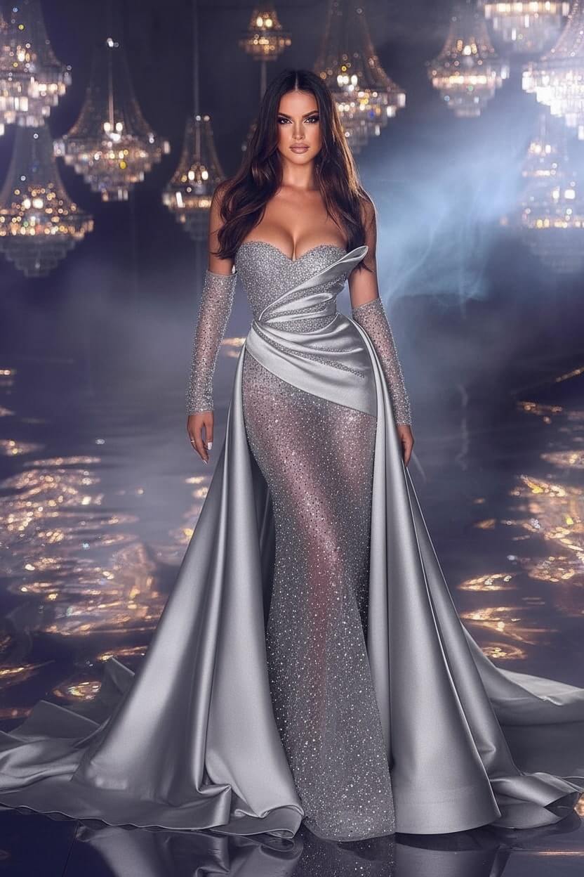 Elegant Sweetheart Prom Dress Beaded Purple Mermaid Formal Dress with Train