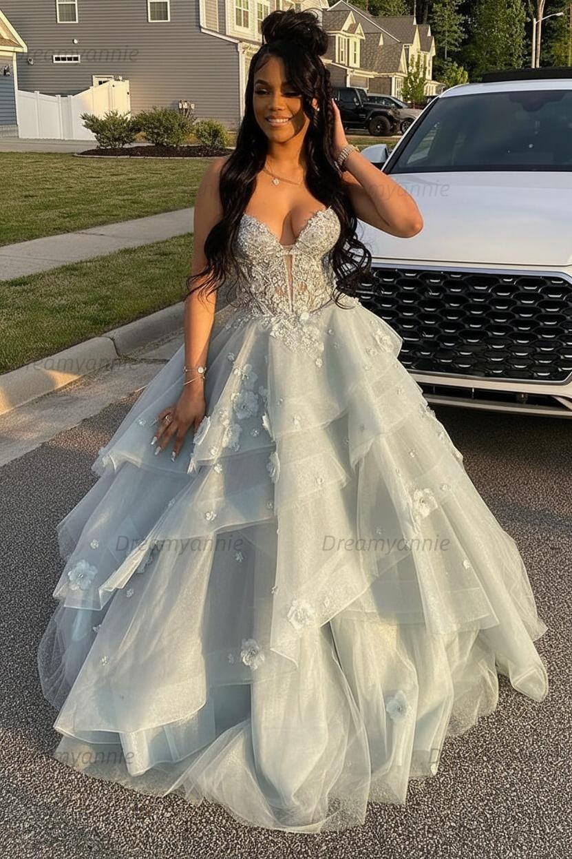 Dreamyannie Sage Prom Dress Floral Tiered Ruffles A-Line Sweetheart Corset Long Formal Dress