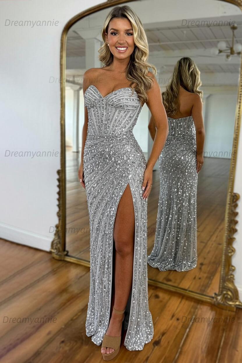 Sweetheart Mermaid Sequined Prom Dress With High Slit Skirt Formal Evening Gown