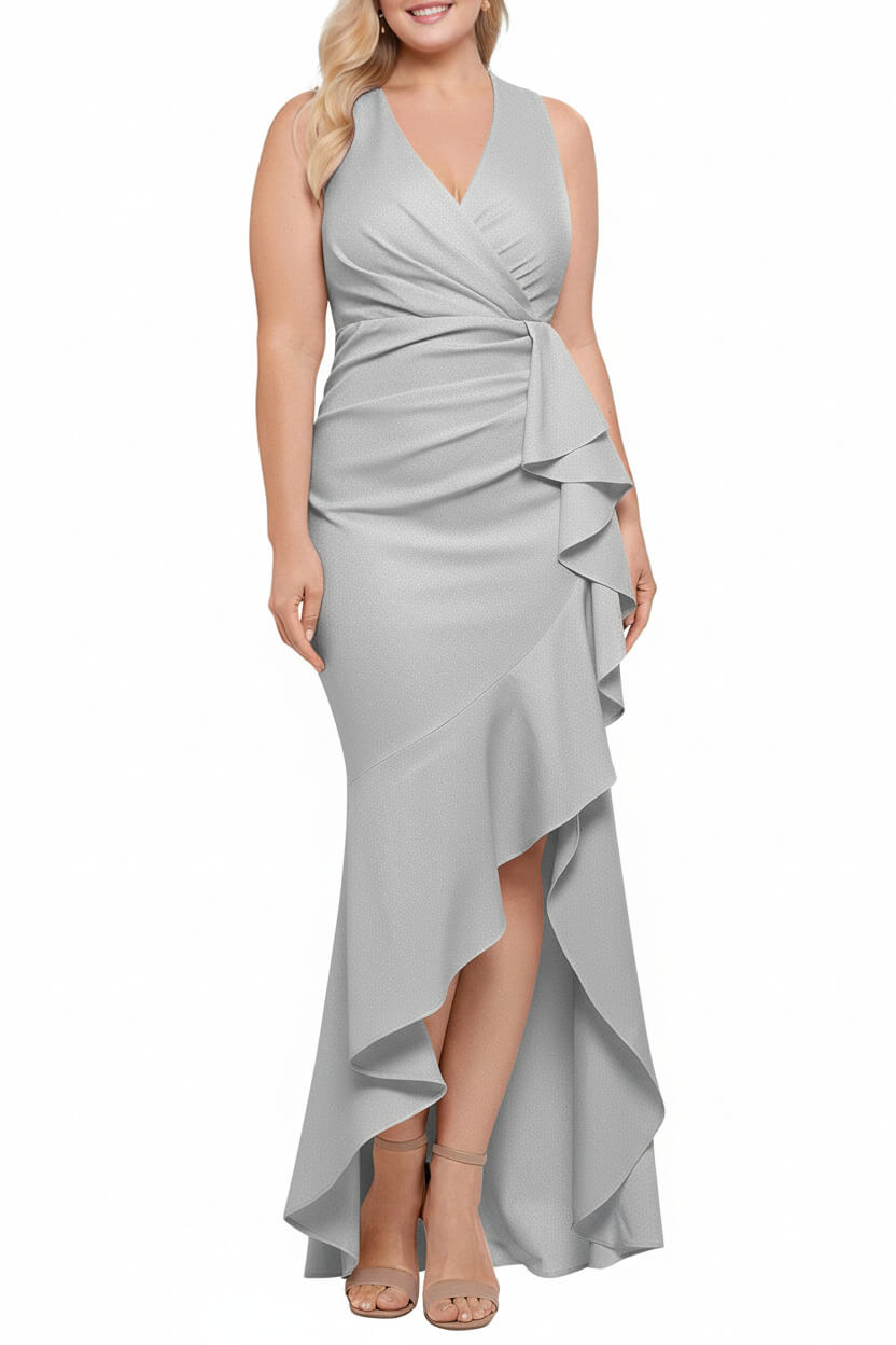 V Neck Sleeveless Plus Size Long Sheath Column Mother of the Bride Dresses with Ruffles