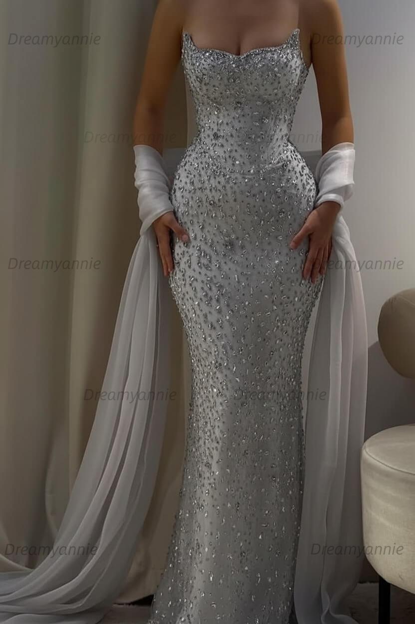 Pink Mermaid Prom Dress Strapless Beaded Formal Dress