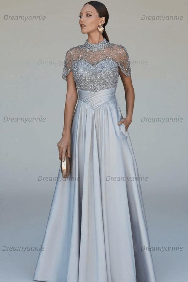 Green A Line Prom Dress Short Sleeve High Neck Beaded Formal Dress