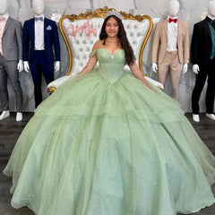 Simple Ball Gown Off Shoulder Sparkly Sequins Beaded Sage Green Tulle Quinceanera Dress For Sweet 16