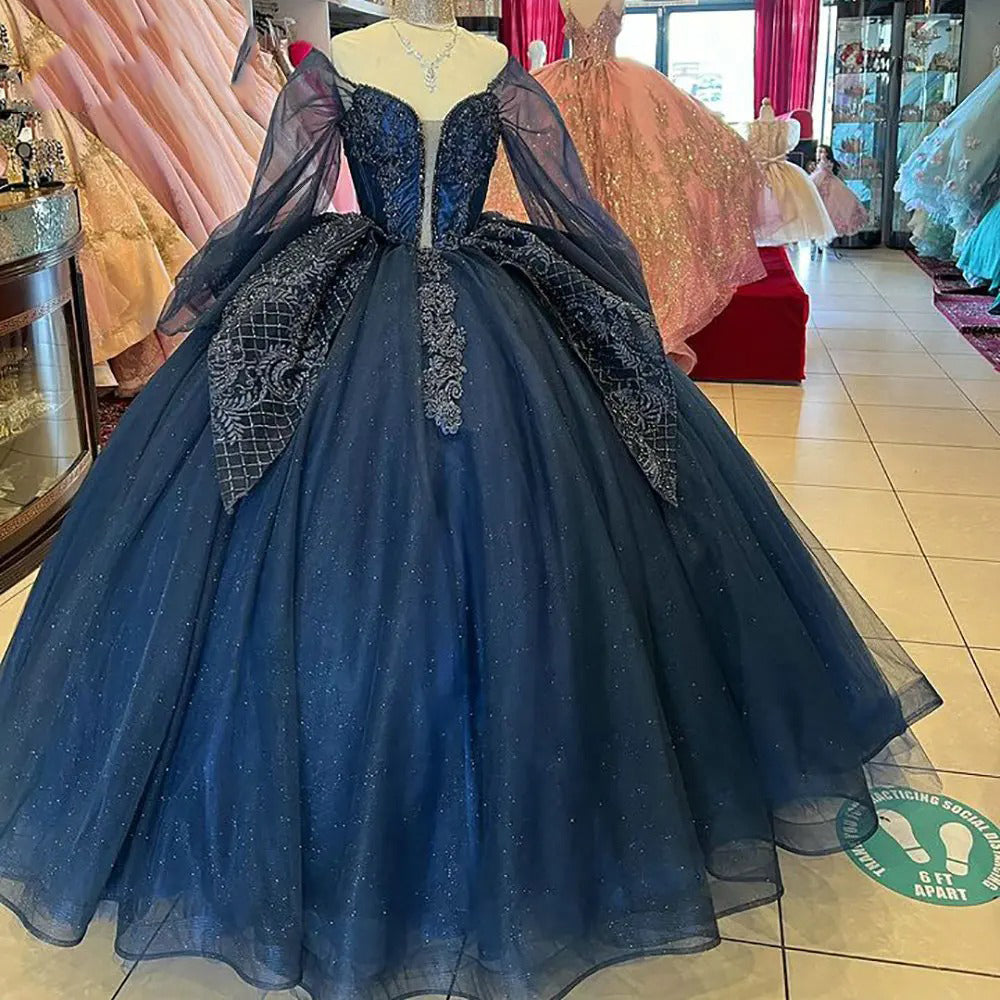 Simple & Casual Ball Gown Off Shoulder Long Sleeves Lace Appliques Tiered Ruffles Navy Blue Tulle Quinceanera Dress Princess Birthday Party Gown For Sweet 16