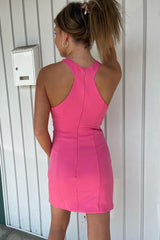 Simple Fuchsia Homecoming Dress Satin Halter Tight Short Prom Dress