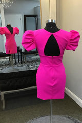 Simple Fuchsia Homecoming Dress V-Neck Short Sleeves Tight Short Prom Dress