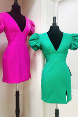 Simple Fuchsia Homecoming Dress V-Neck Short Sleeves Tight Short Prom Dress